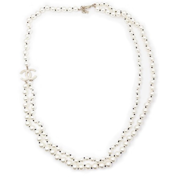 Chanel Gold Scratchy CC 2 Strand Pearl Black Knot Necklace - Picture 1 of 5
